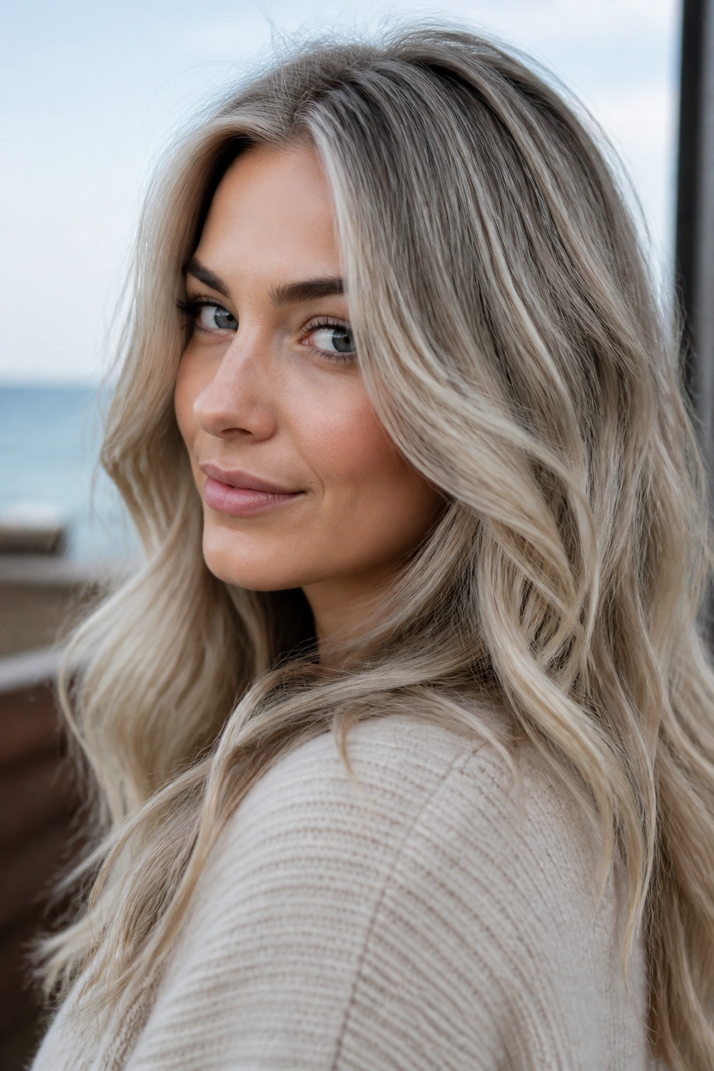 Portrait of a real woman with driftwood blonde hair in cool beachy tones.