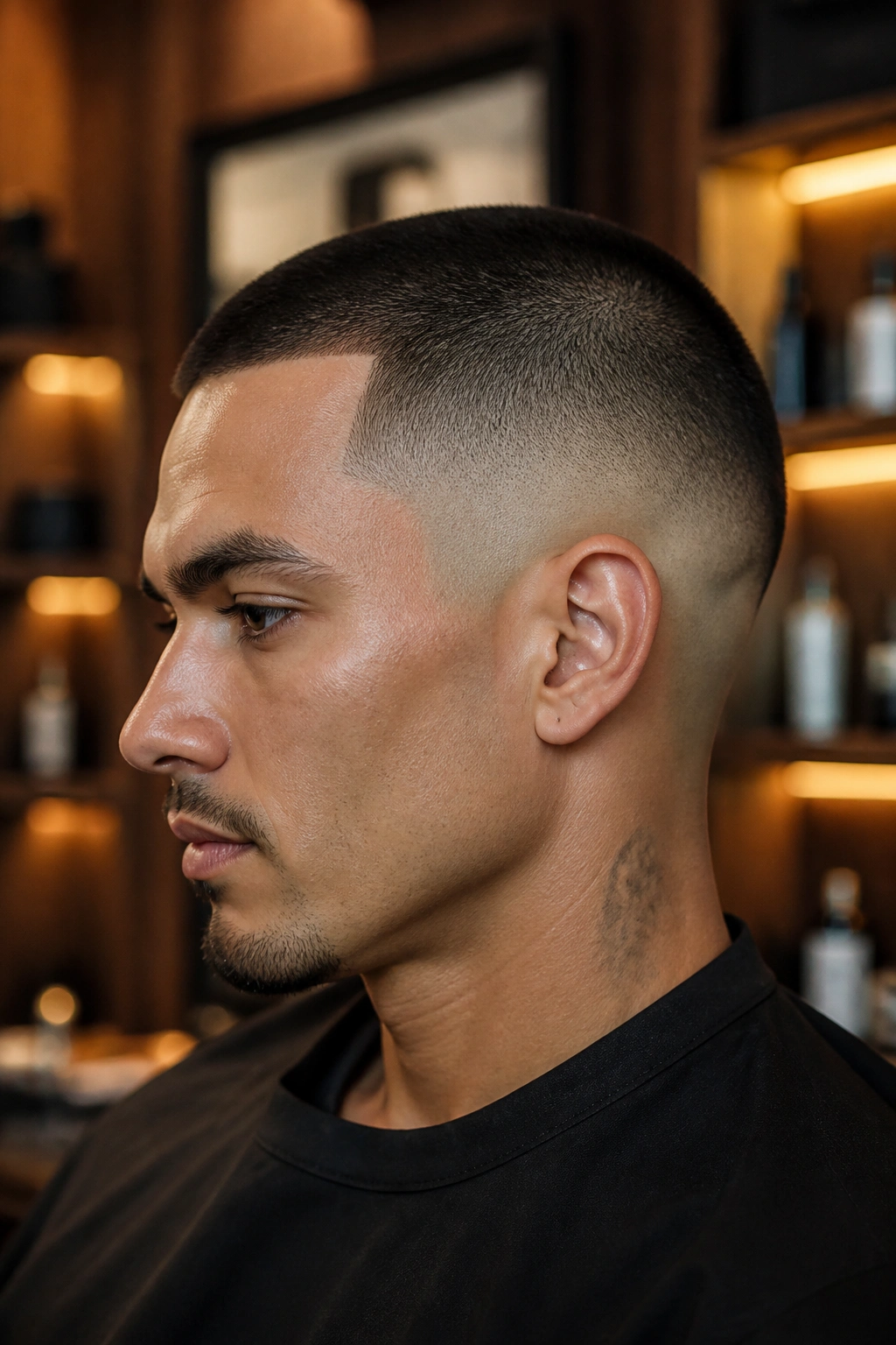 Close-up portrait of a real person with a drop fade buzz cut