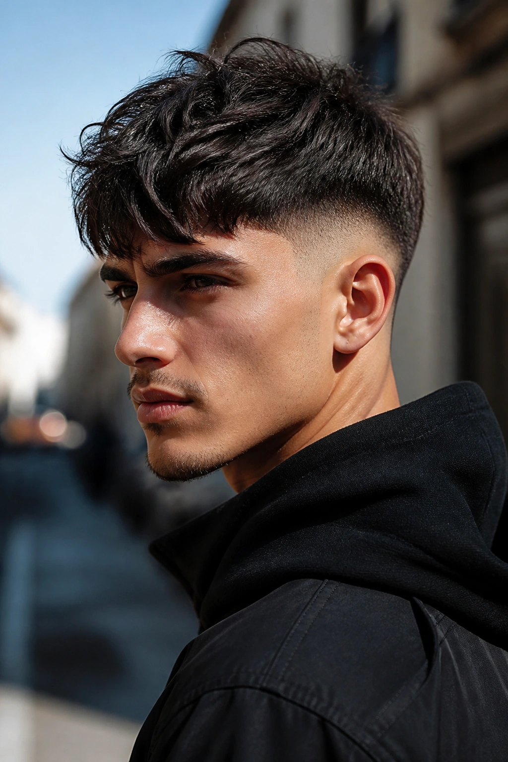 Man with drop fade and fringe in urban daylight setting