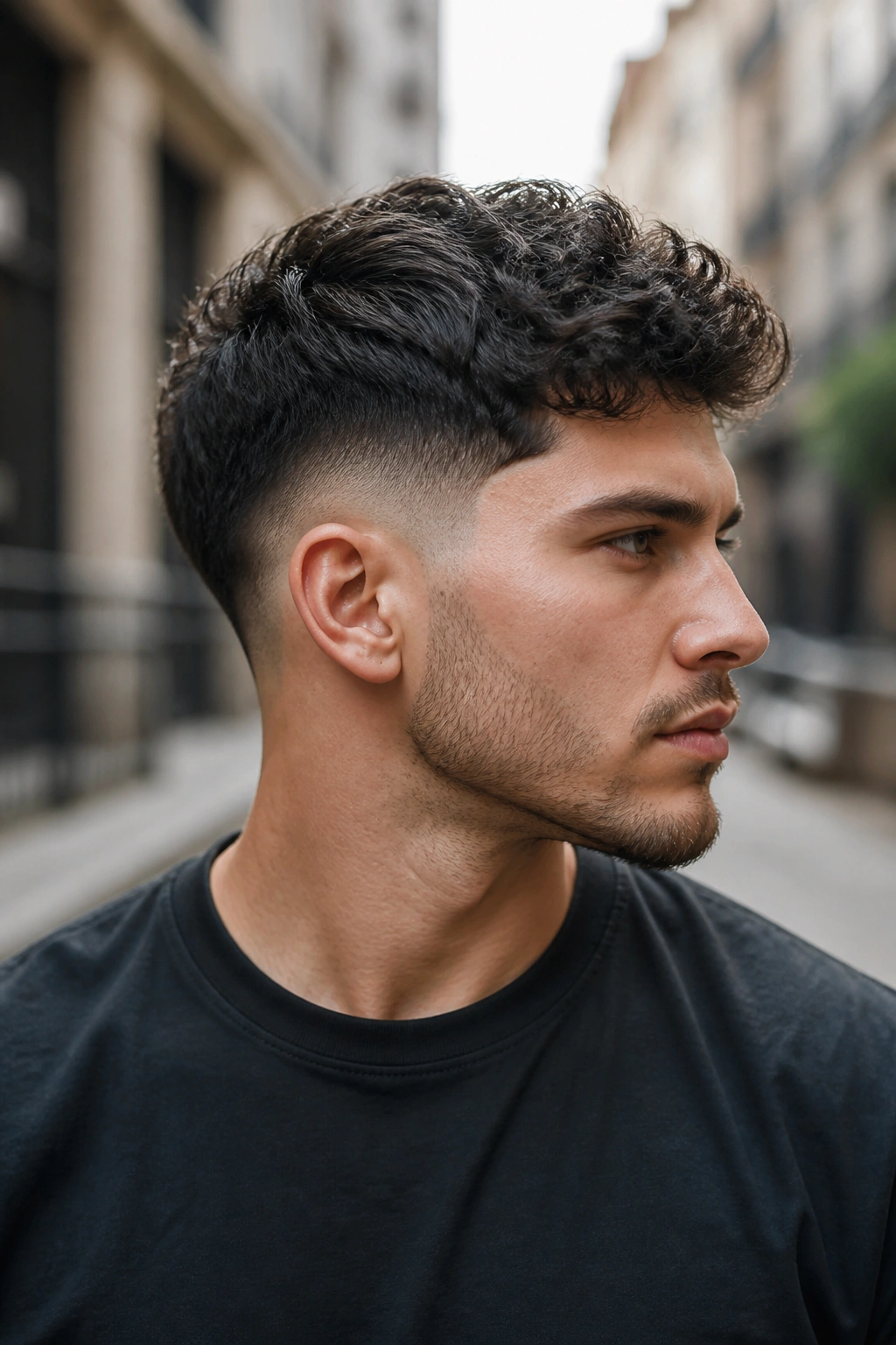 Side profile of a man showcasing a drop fade around the ear
