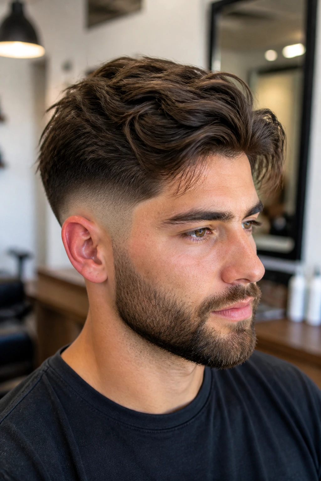 Portrait of man with drop fade and longer top hairstyle