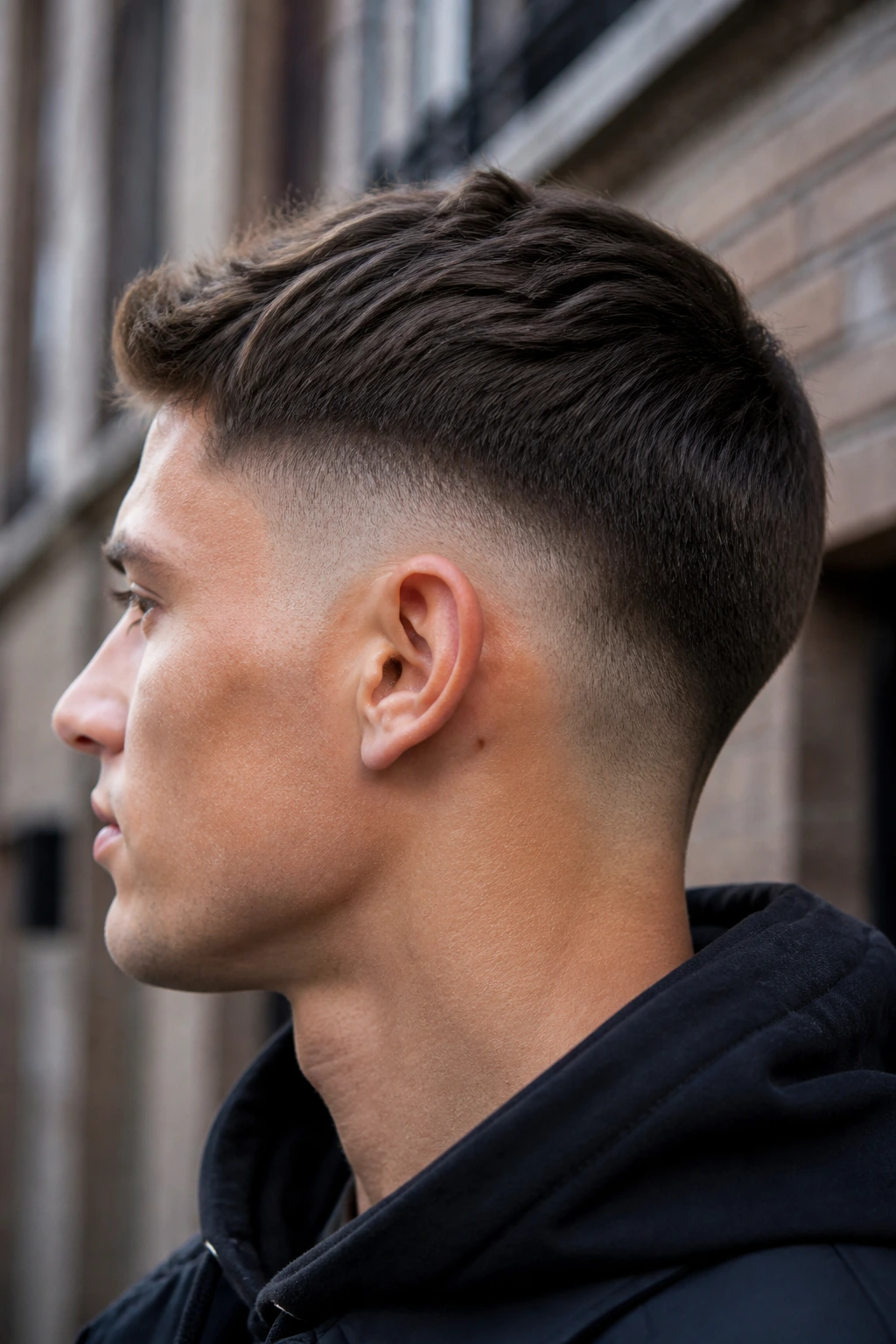 Close-up of a person with a drop fade undercut visible around the ear.