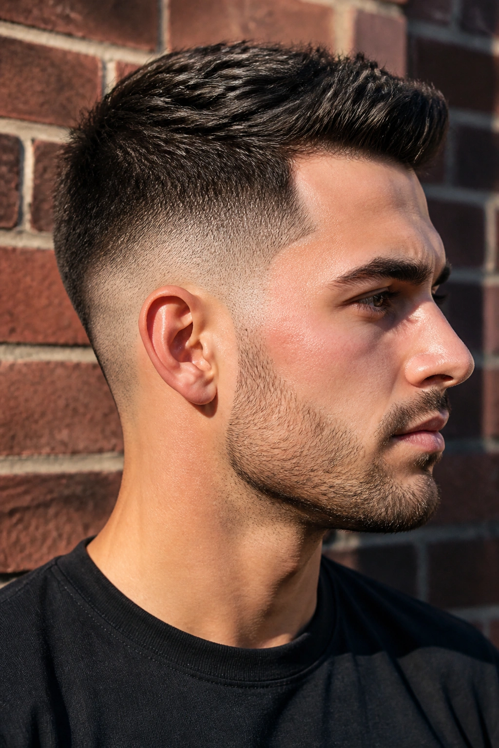 Close-up portrait of a real man with a Drop Fade Undercut curving behind the ear