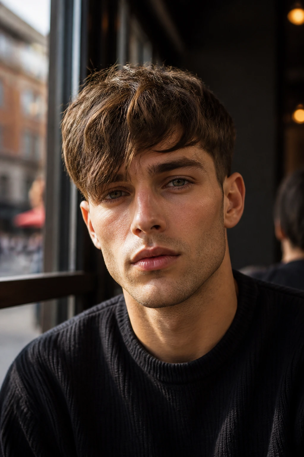 Drop fringe close-up portrait of a real man with asymmetrical fringe in warm cafe light