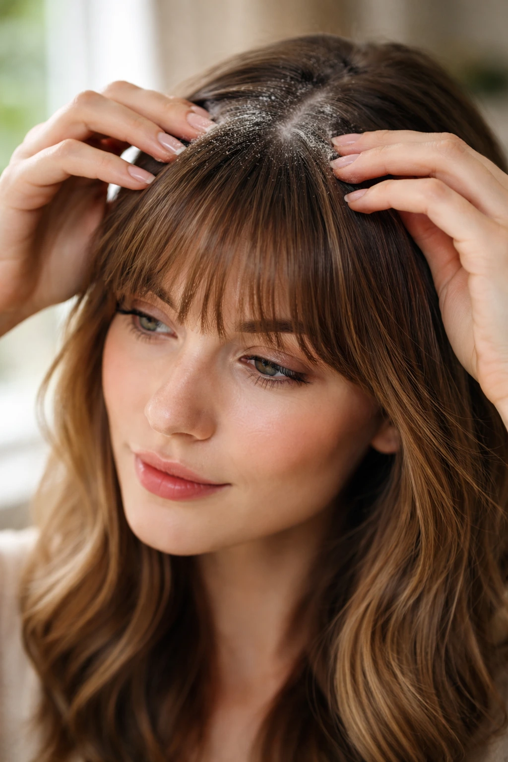 Hands massaging root area of bangs with dry shampoo applied by fingertips