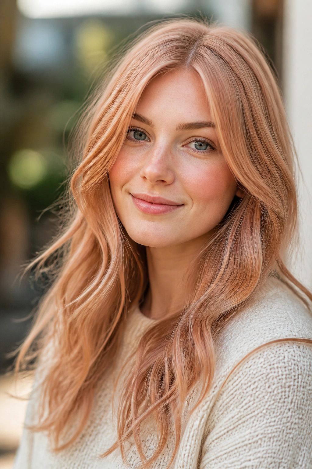 Close-up of a real woman with Dusty Apricot Strawberry Blonde hair in soft daylight