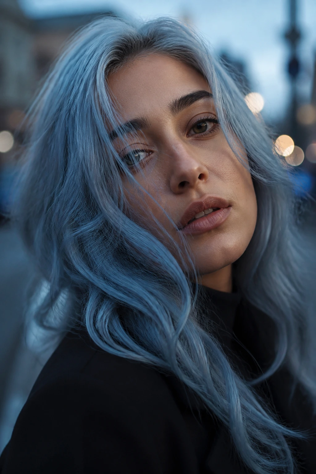 Close-up portrait of a real person with dusty arctic blue hair on cool olive skin