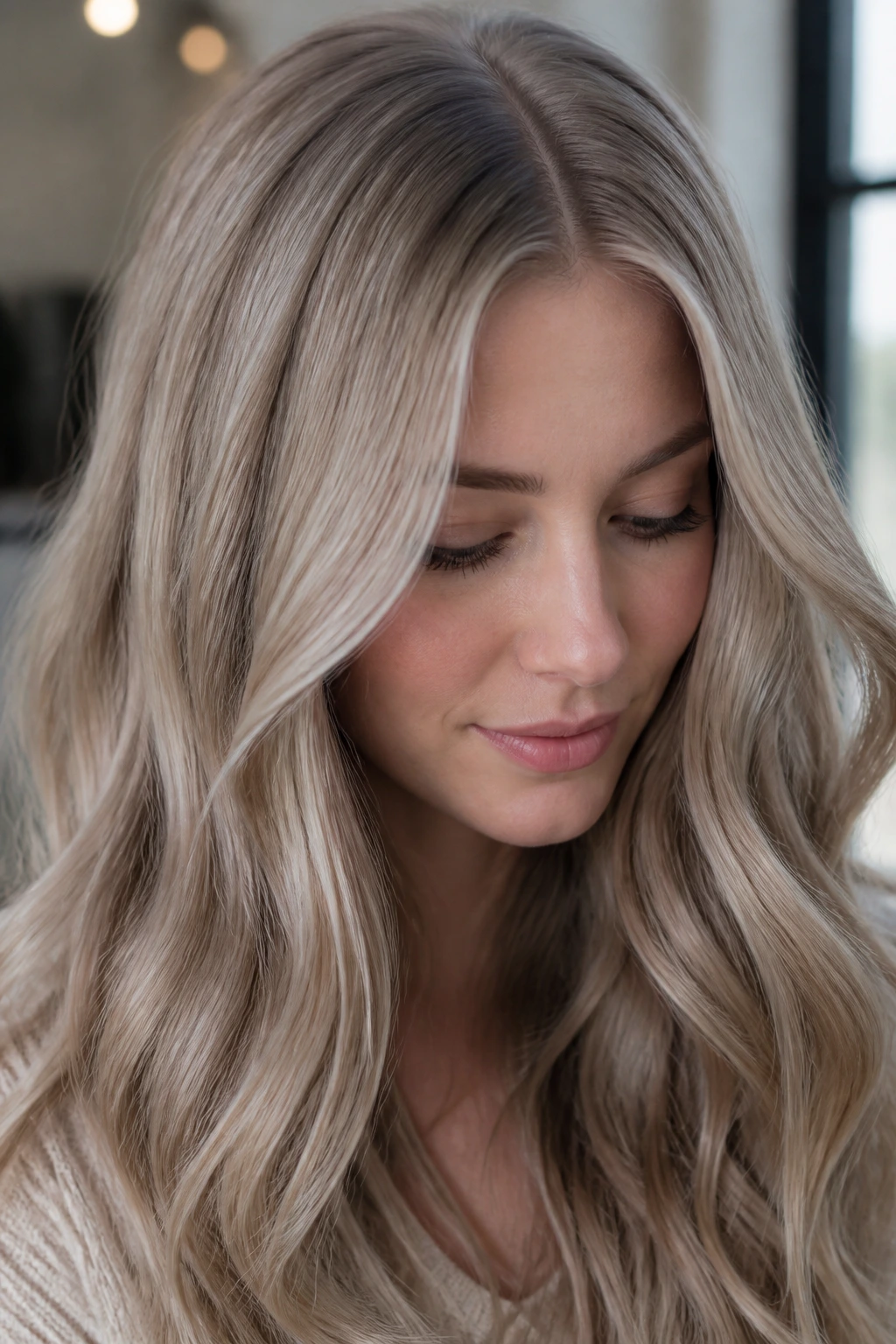 Close-up of a woman with dusty beige ash blonde hair and cool-toned makeup