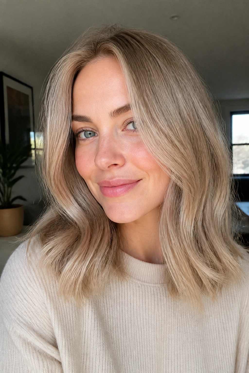 Close-up portrait of a real woman with dusty beige blonde hair in warm window light