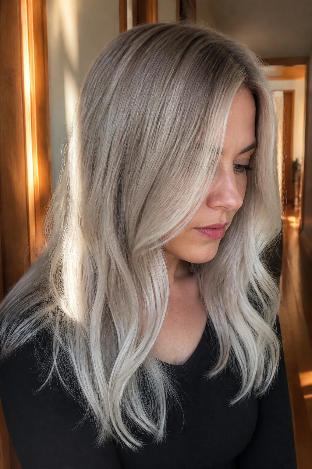 Portrait of a woman with dusty beige blonde base and silver ends, soft cool-to-warm gradient.