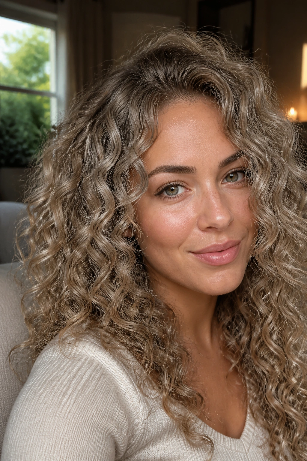 Close-up of dusty beige curls on a real person.