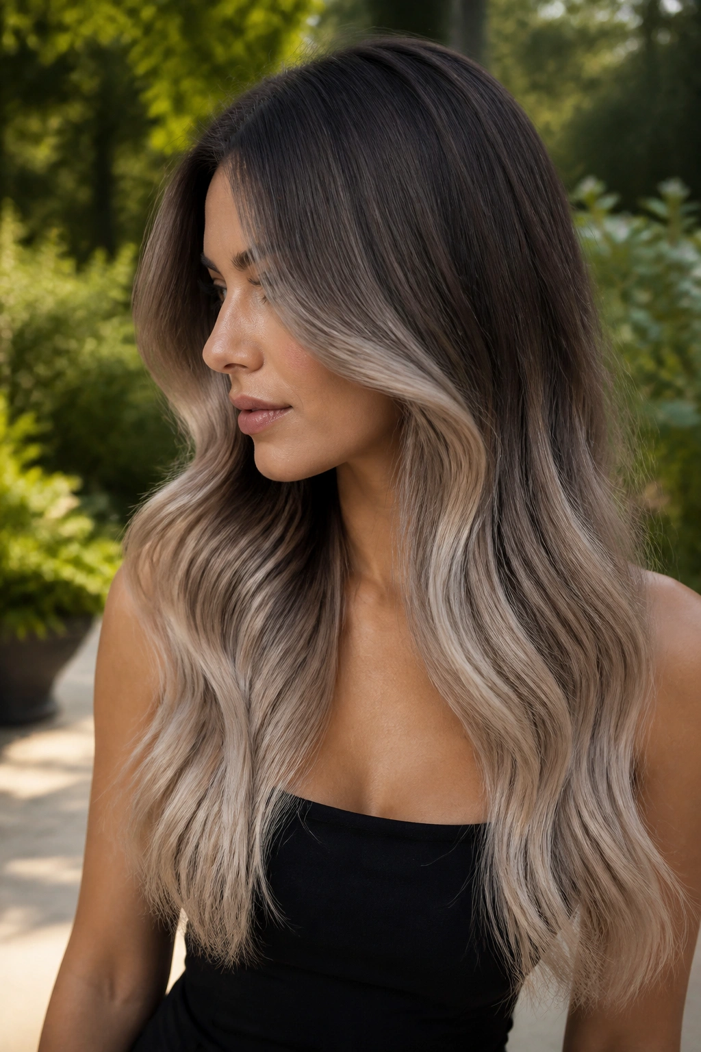 Dusty beige ombré on real hair with cool-toned gradient fading from roots to ends.
