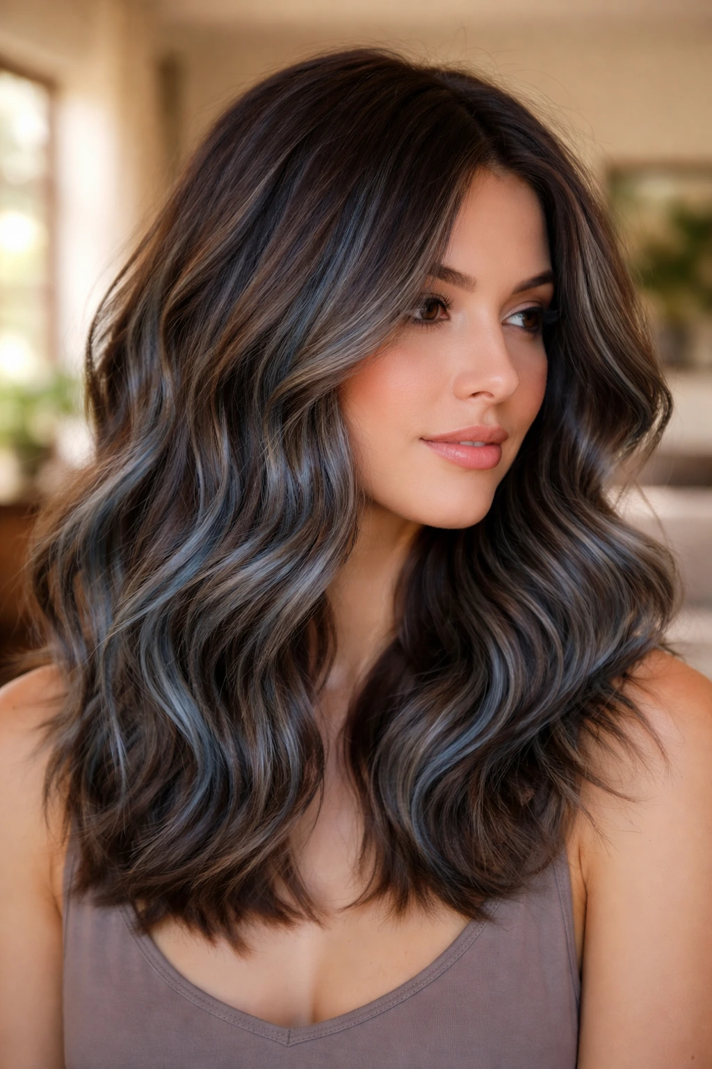Close-up portrait of a real person with dusty blue muted hair and soft waves