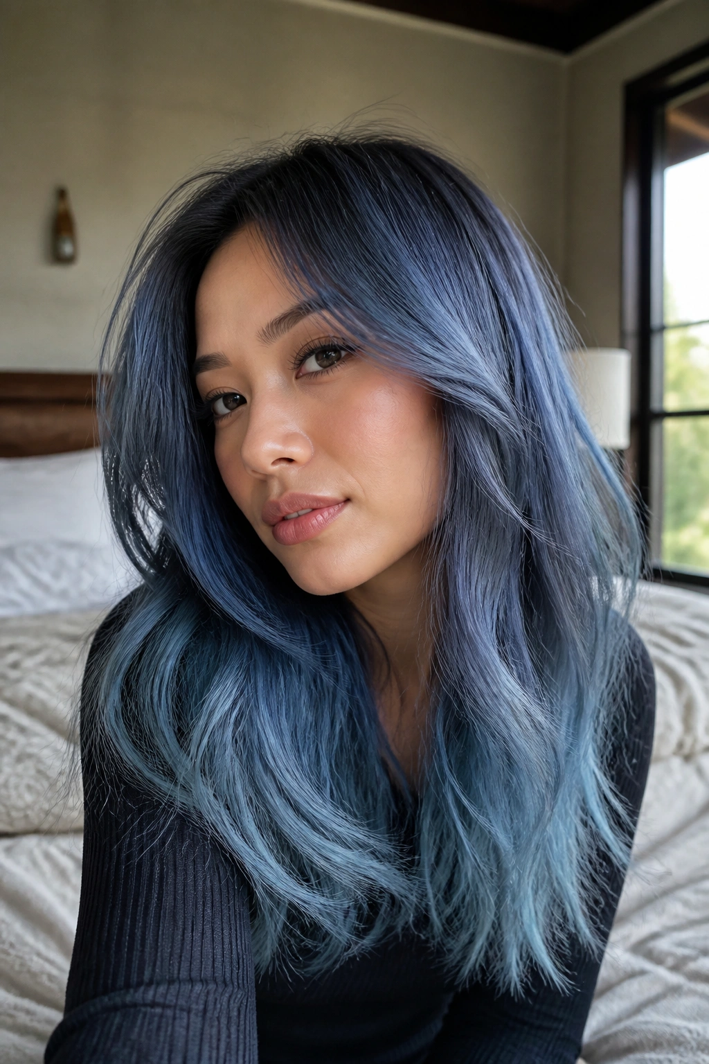 Portrait of a real person with dusty blue ombre on airy layered hair