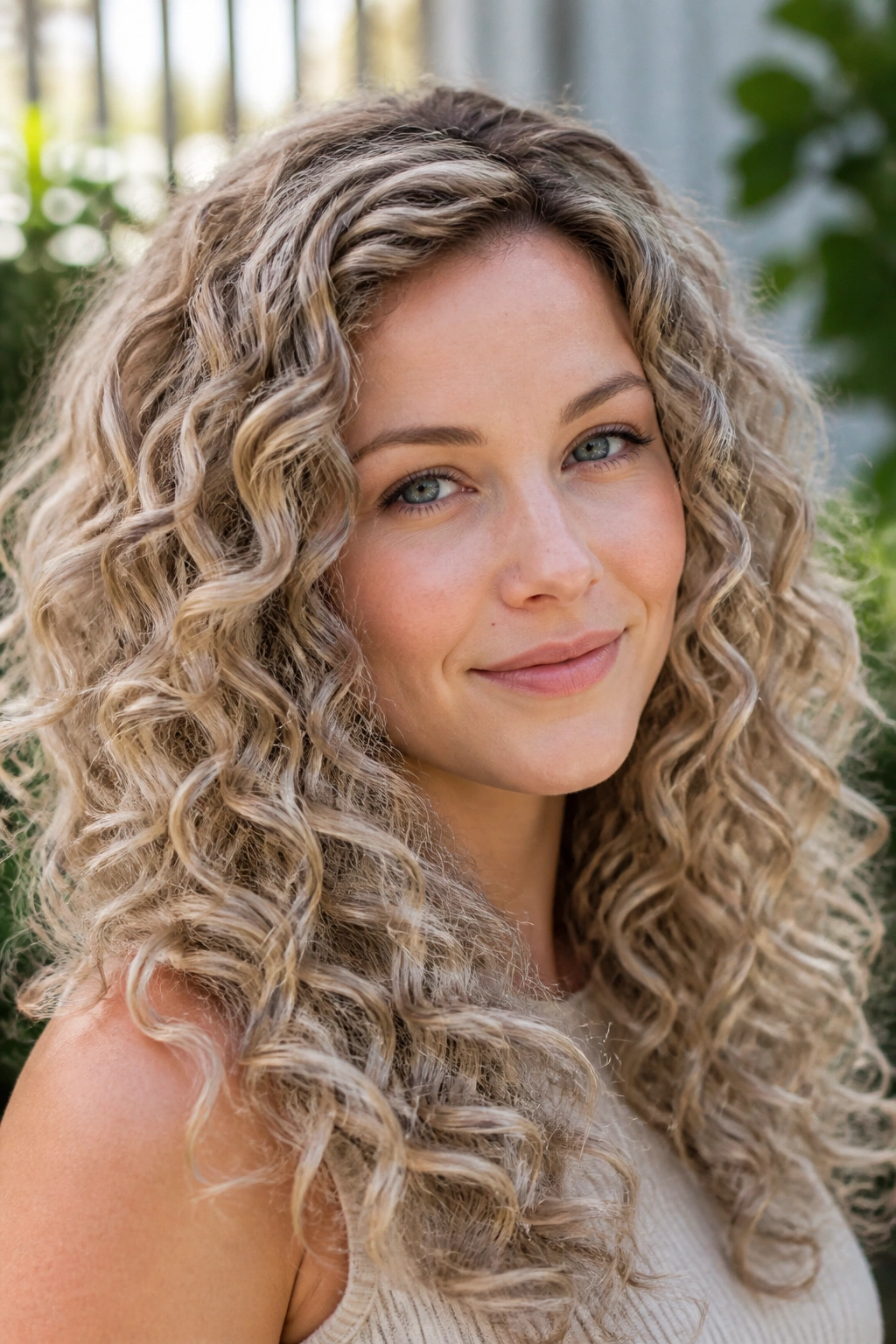Portrait of woman with dusty champagne ash blonde curls