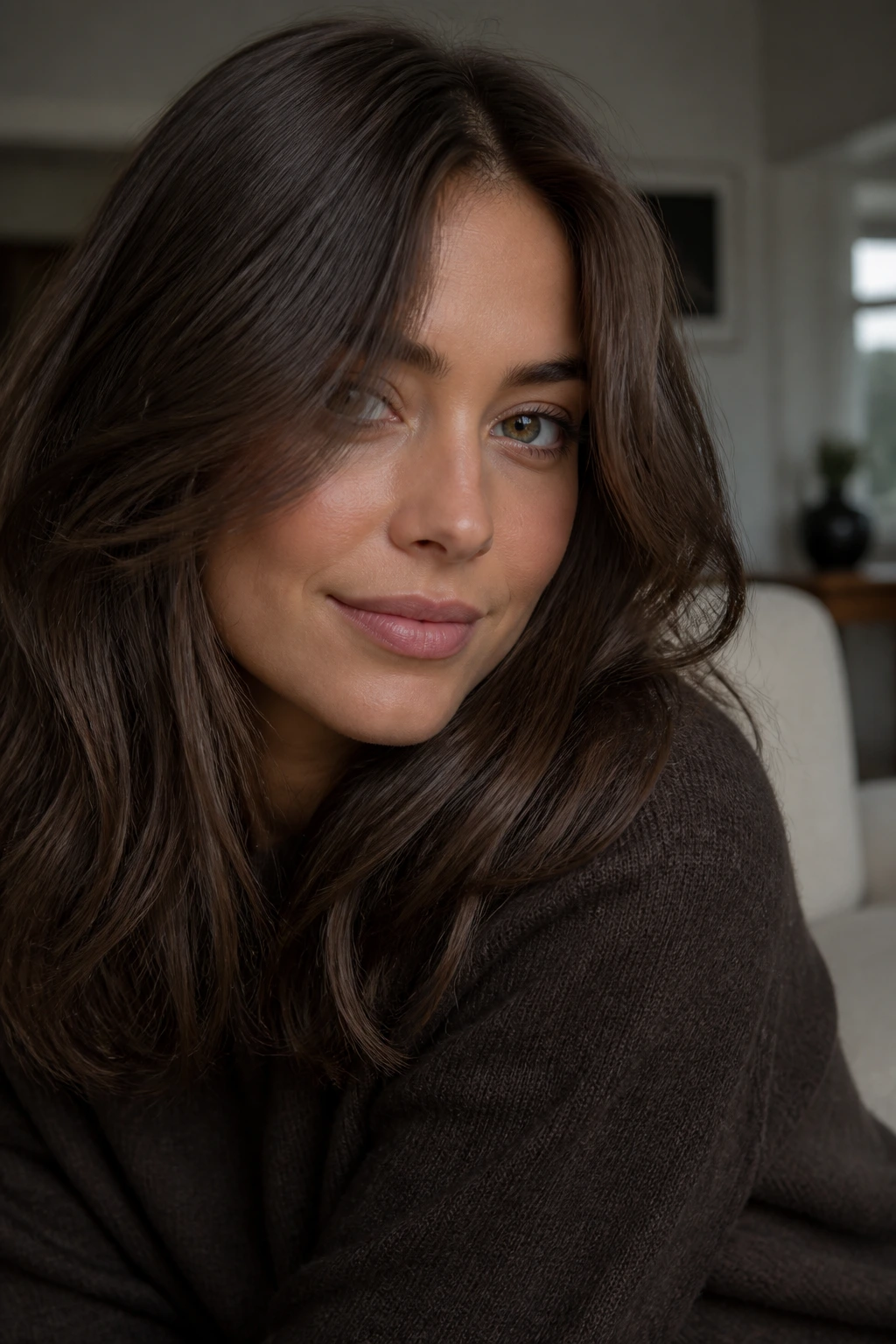 Portrait of real person with dusty cocoa matte brown hair