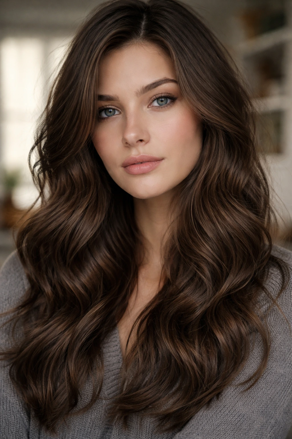 Close-up portrait of a real woman with Dusty Cocoa matte hair and defined curls