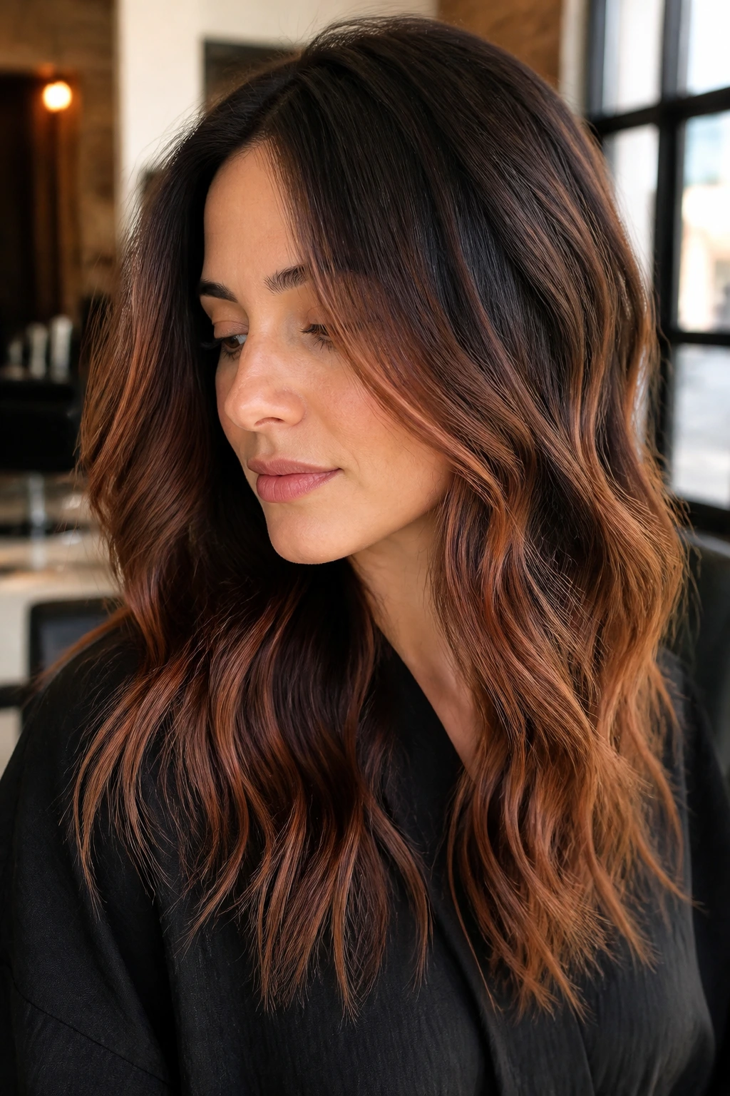 Close-up of dusty copper balayage on deep brown hair in a softly lit salon
