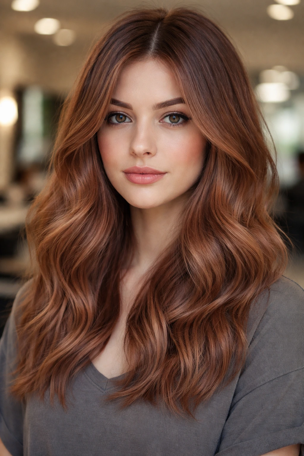 Close-up portrait of a woman with dusty copper balayage in natural window light