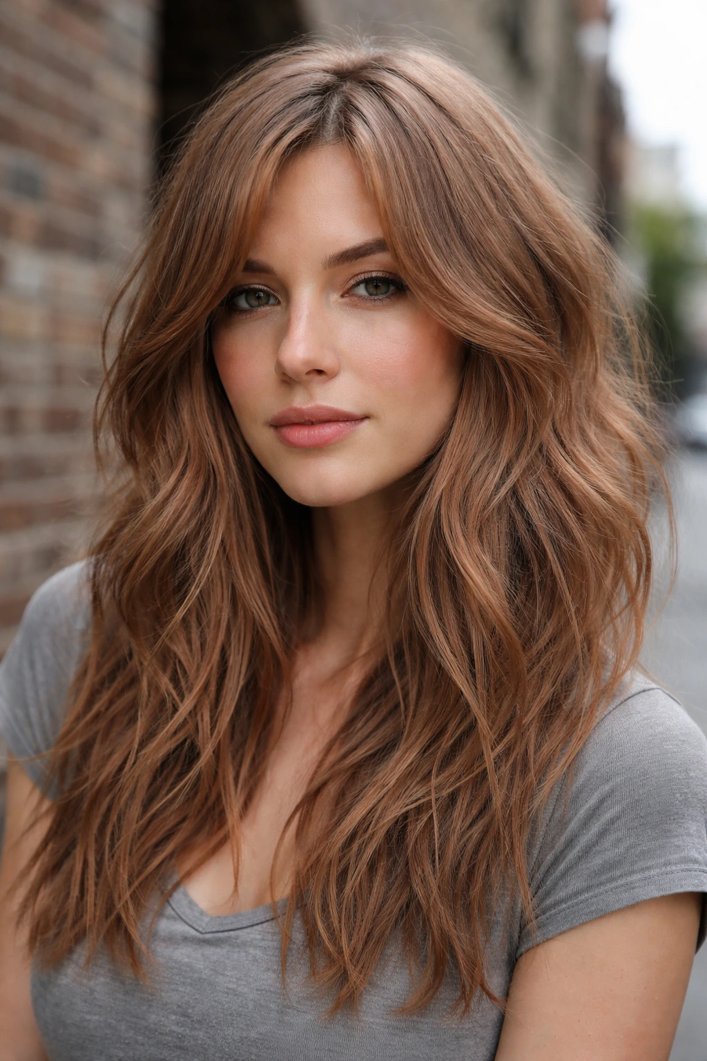 Close-up portrait of a real woman with Dusty Copper hair against an urban backdrop
