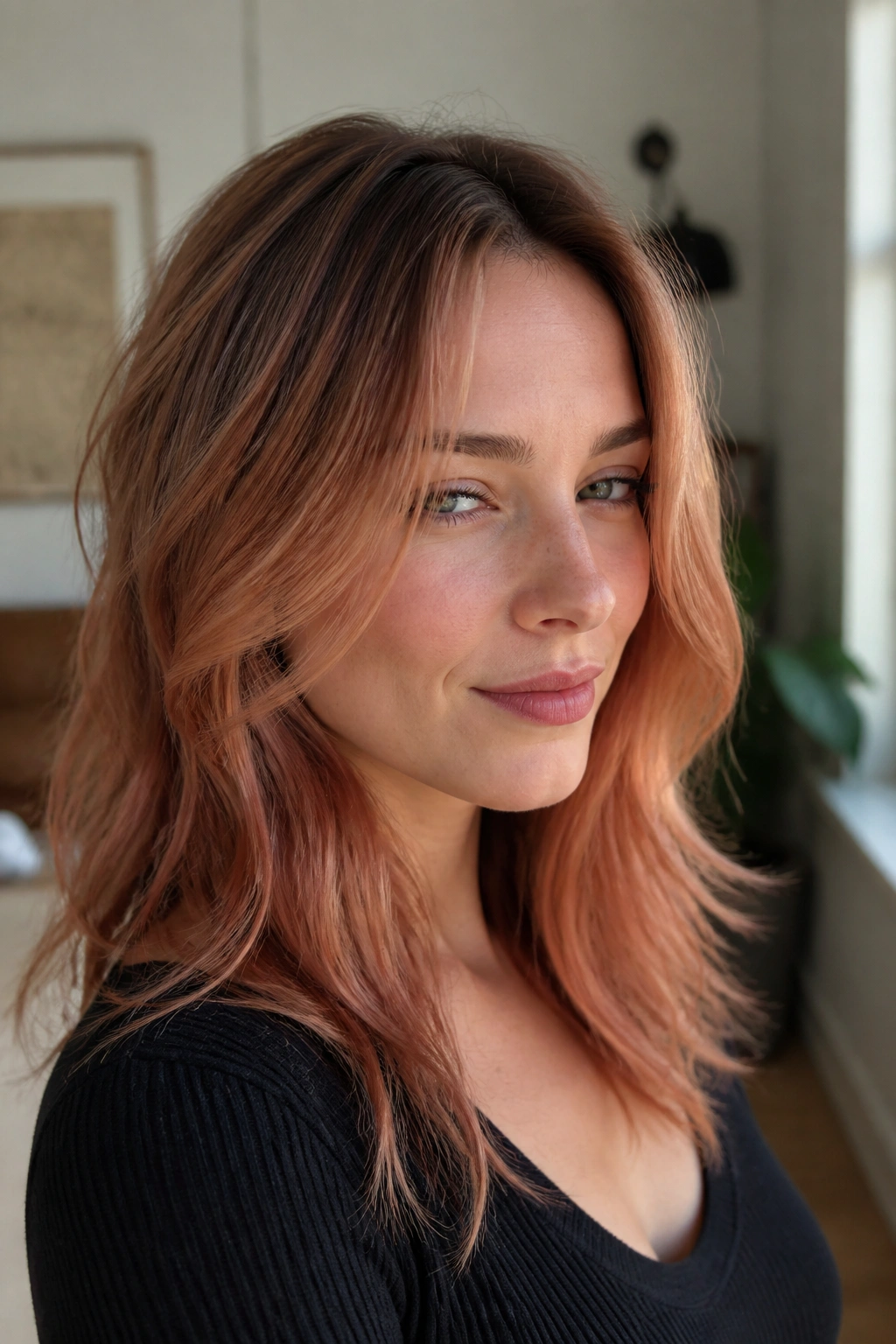 Close-up portrait of a woman with dusty copper melt hair and ash-rooted shadow
