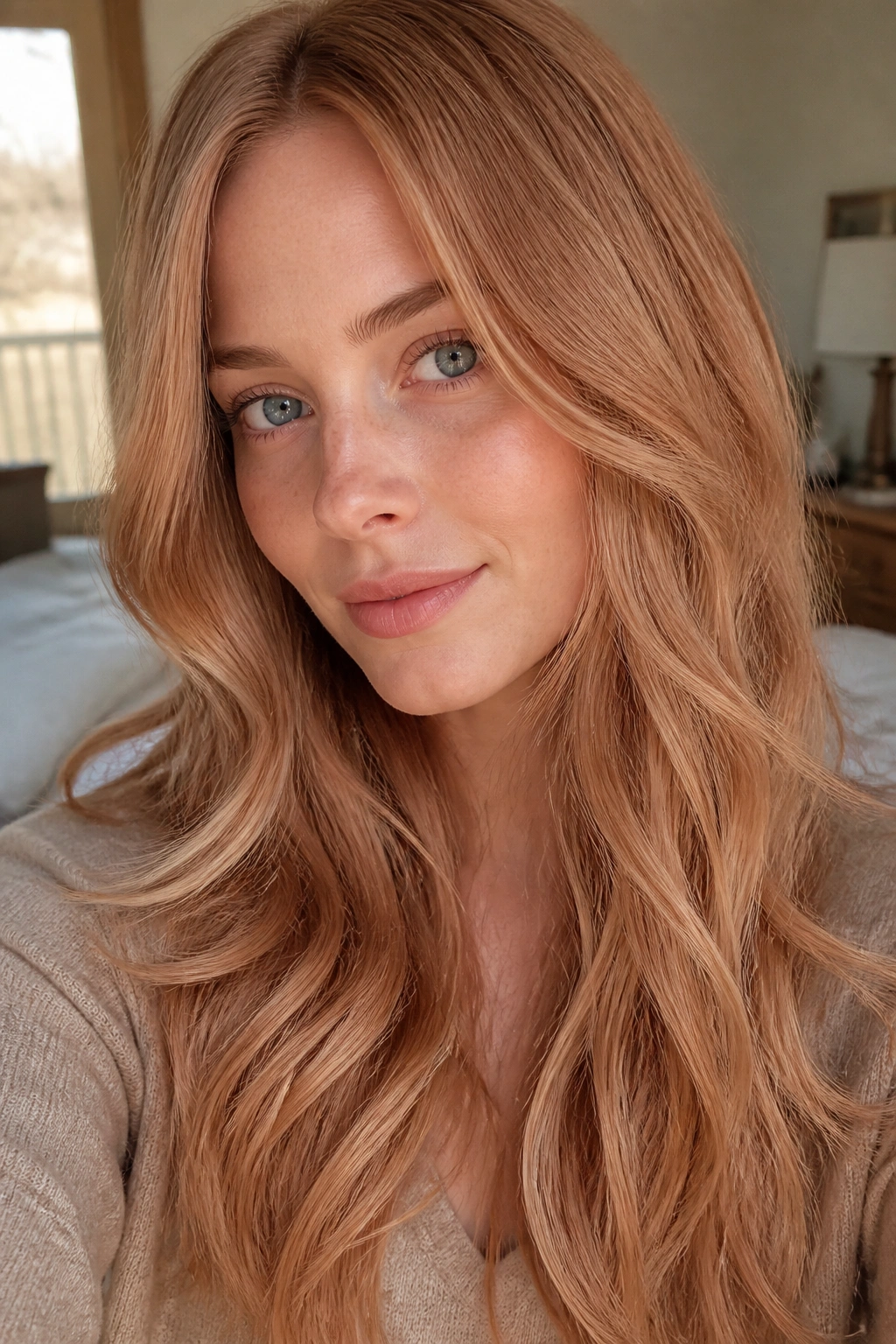 Close-up portrait of a woman with dusty copper strawberry blonde hair in warm bedroom light