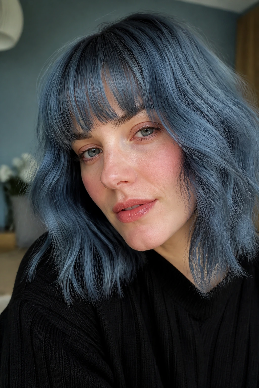 Close-up portrait of a woman with dusty denim blue hair in a soft-lit living room.
