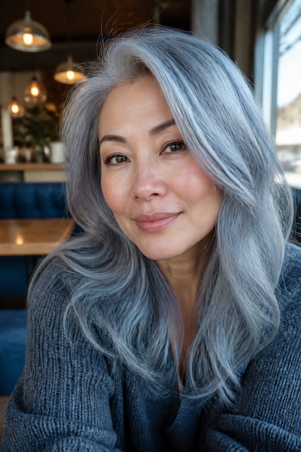 Portrait of a person with dusty denim silver hair in a cafe setting.