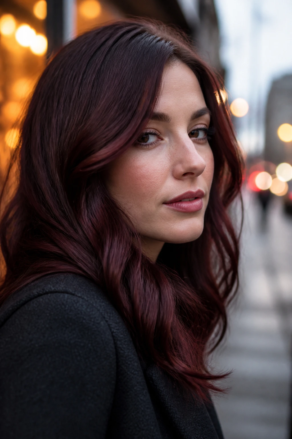 Portrait of a woman with dusty garnet mahogany hair on a dusky urban street