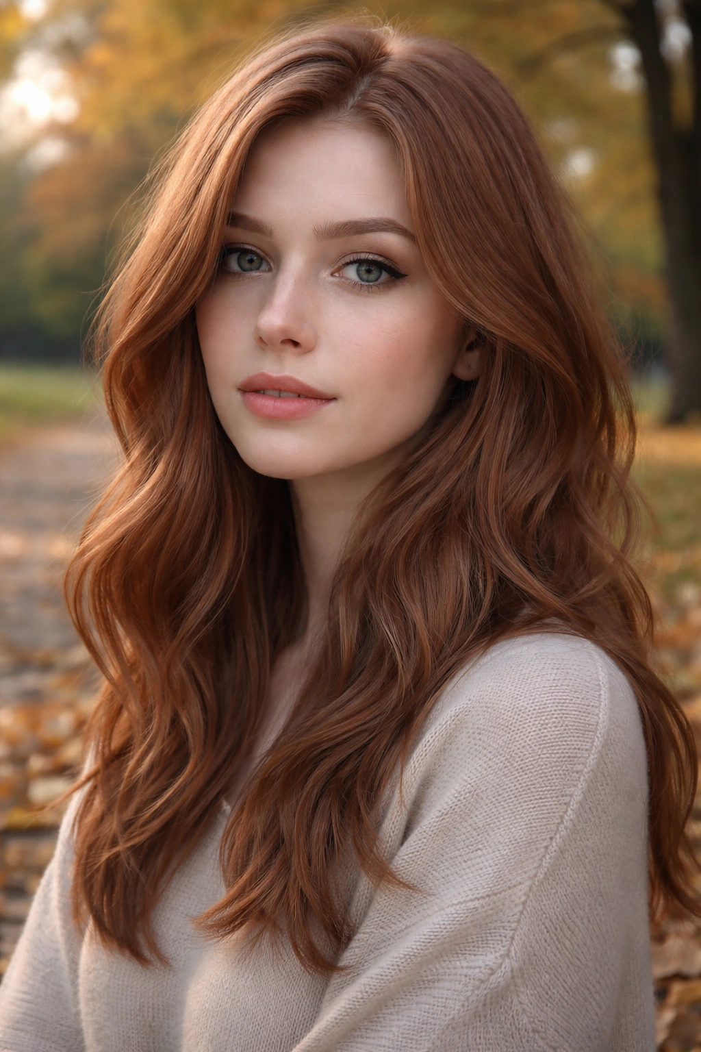 Close-up portrait of a person with dusty ginger hair in an autumn park