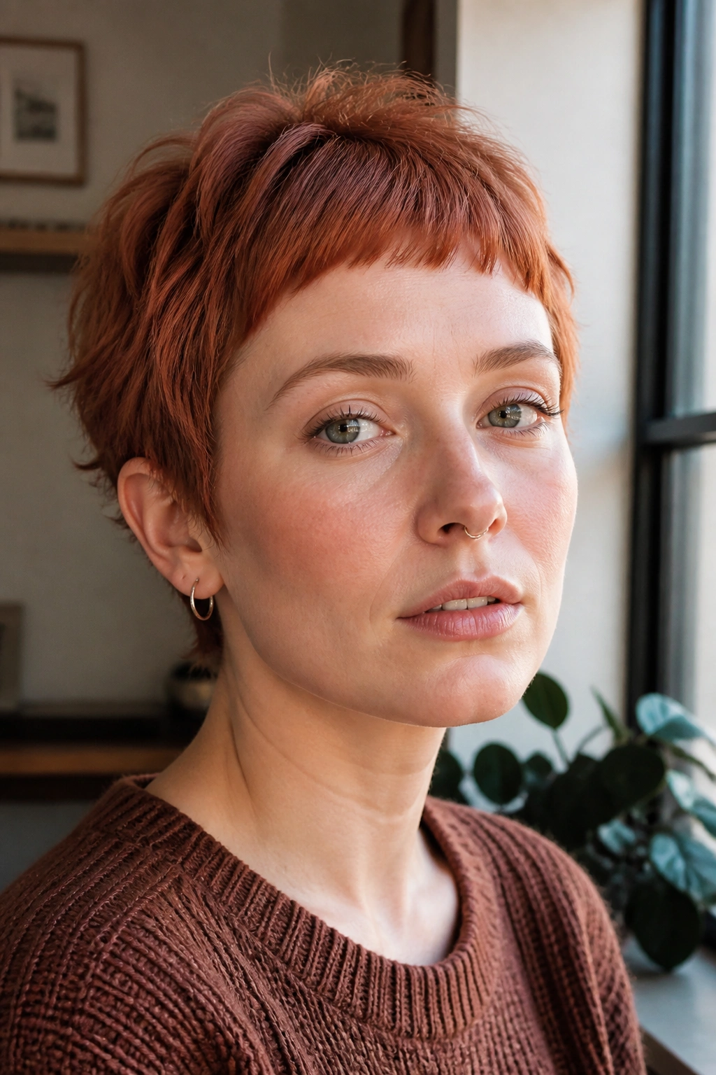 Close-up of Dusty Ginger Pixie with Micro Bangs on a real woman with soft fringe.