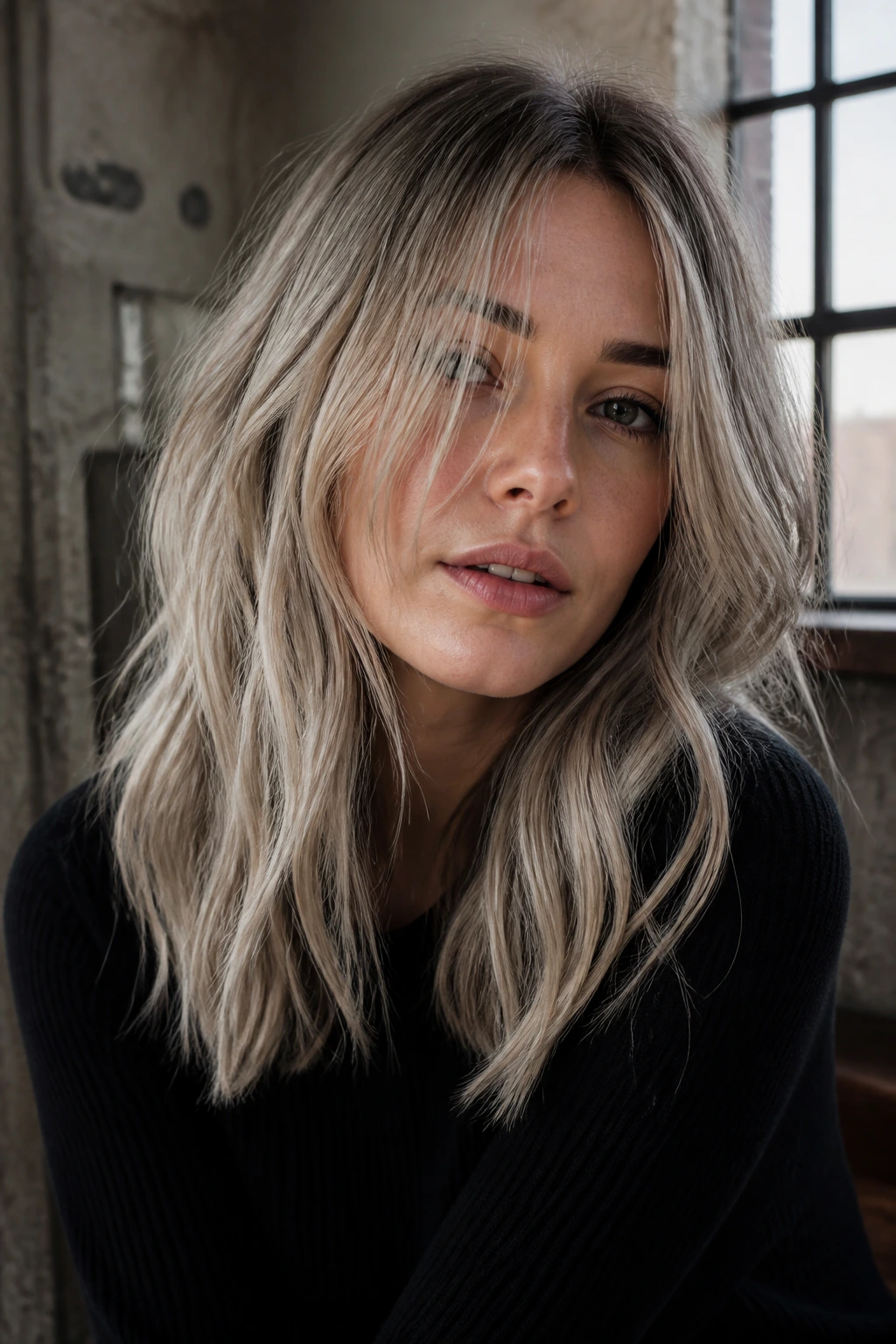 Close-up portrait of a real woman with dusty gray blonde hair in a moody loft.