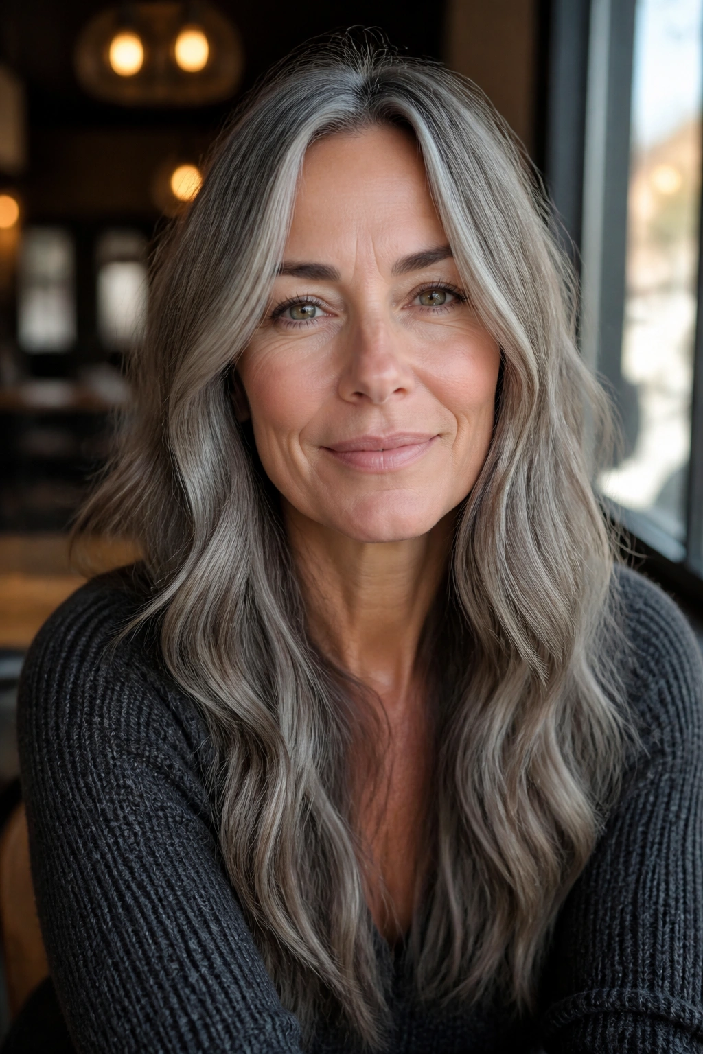 Close-up of a woman with dusty gray soft waves and matte finish