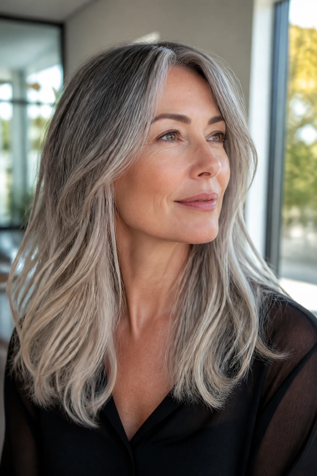 Close-up of long hair with dusty gray and white-blond tips catching light.
