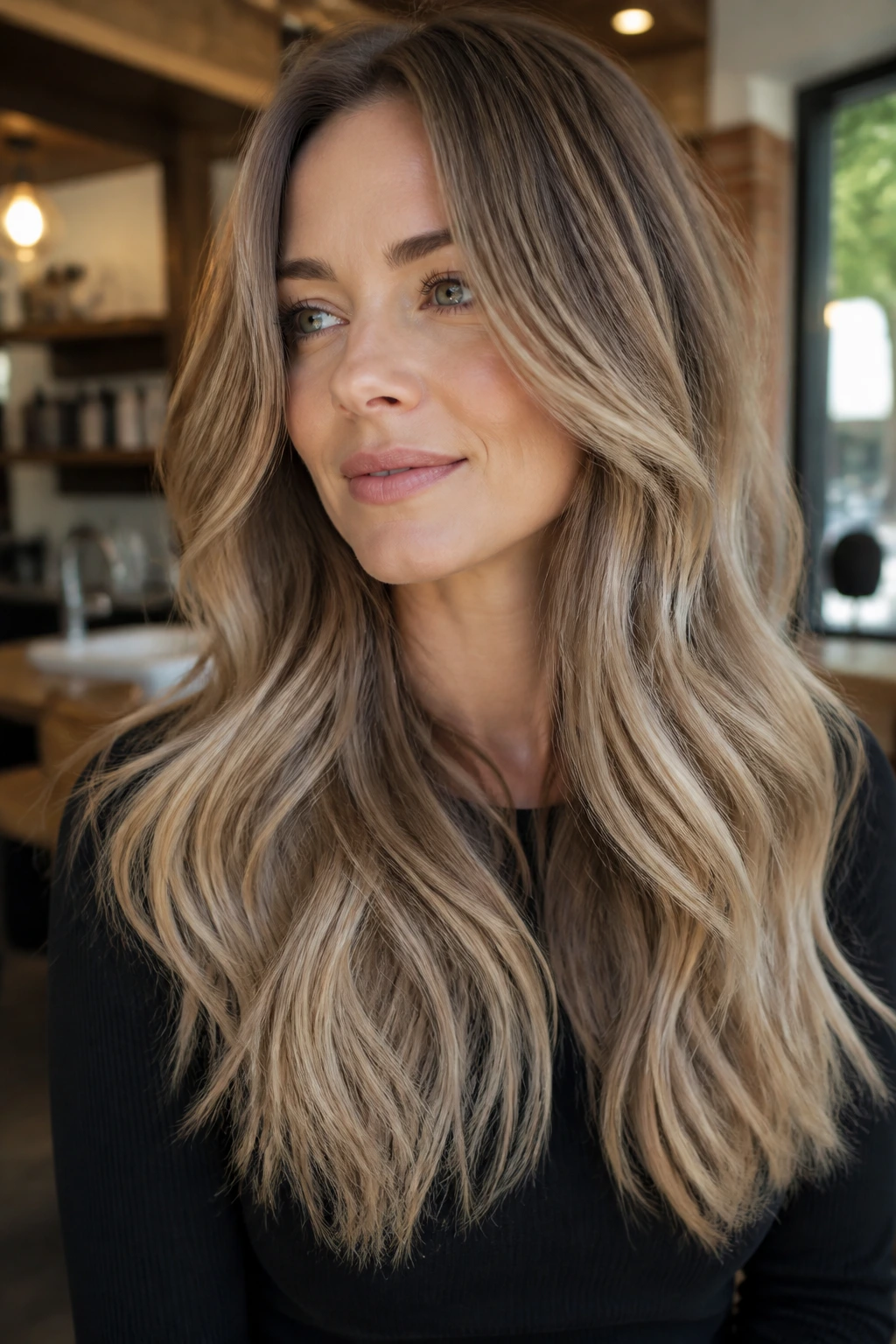 Close-up portrait of a woman with dusty honey blonde hair and beige ends in warm window light