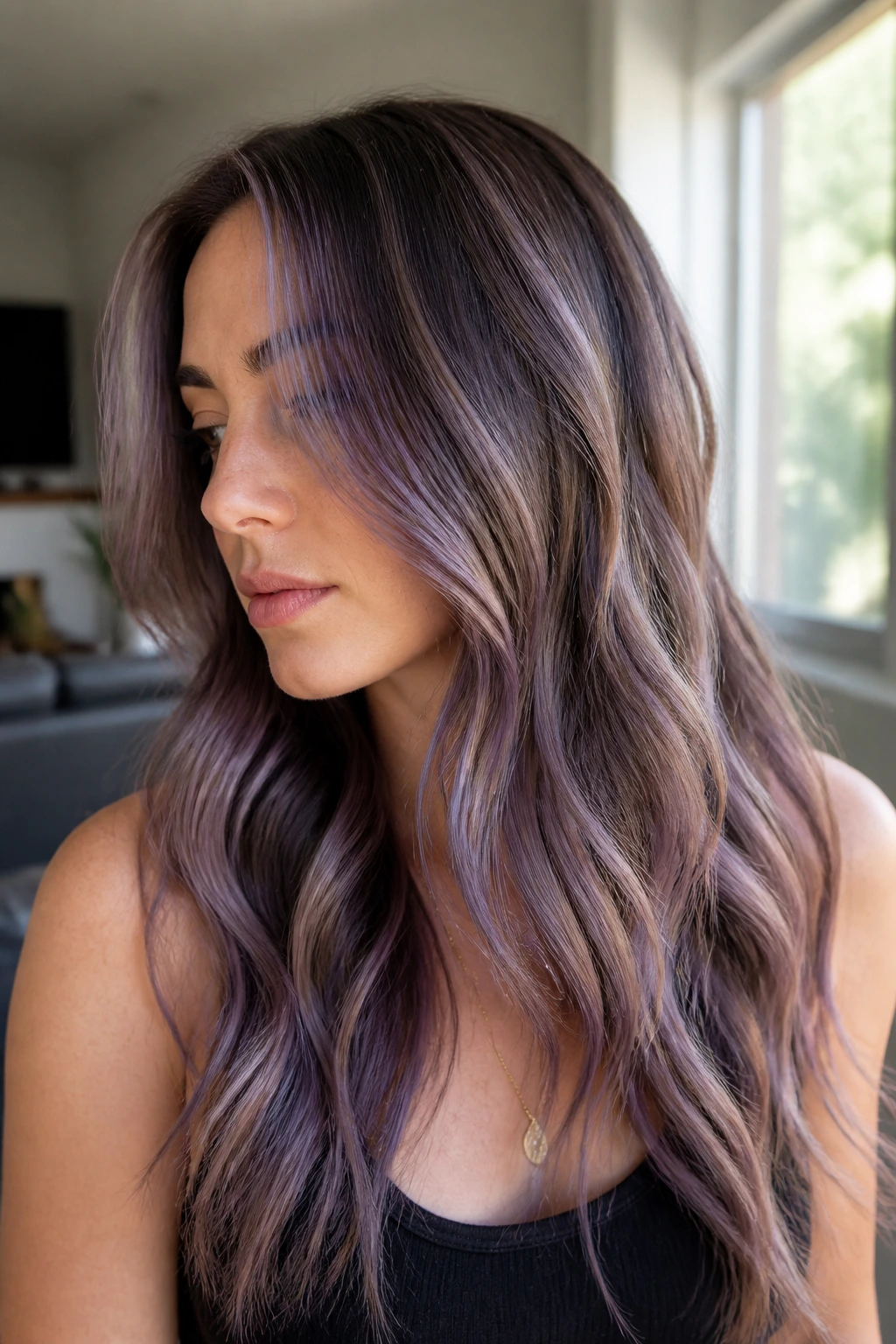 Close-up of ash brown hair with subtle dusty iris violet-gray highlights.