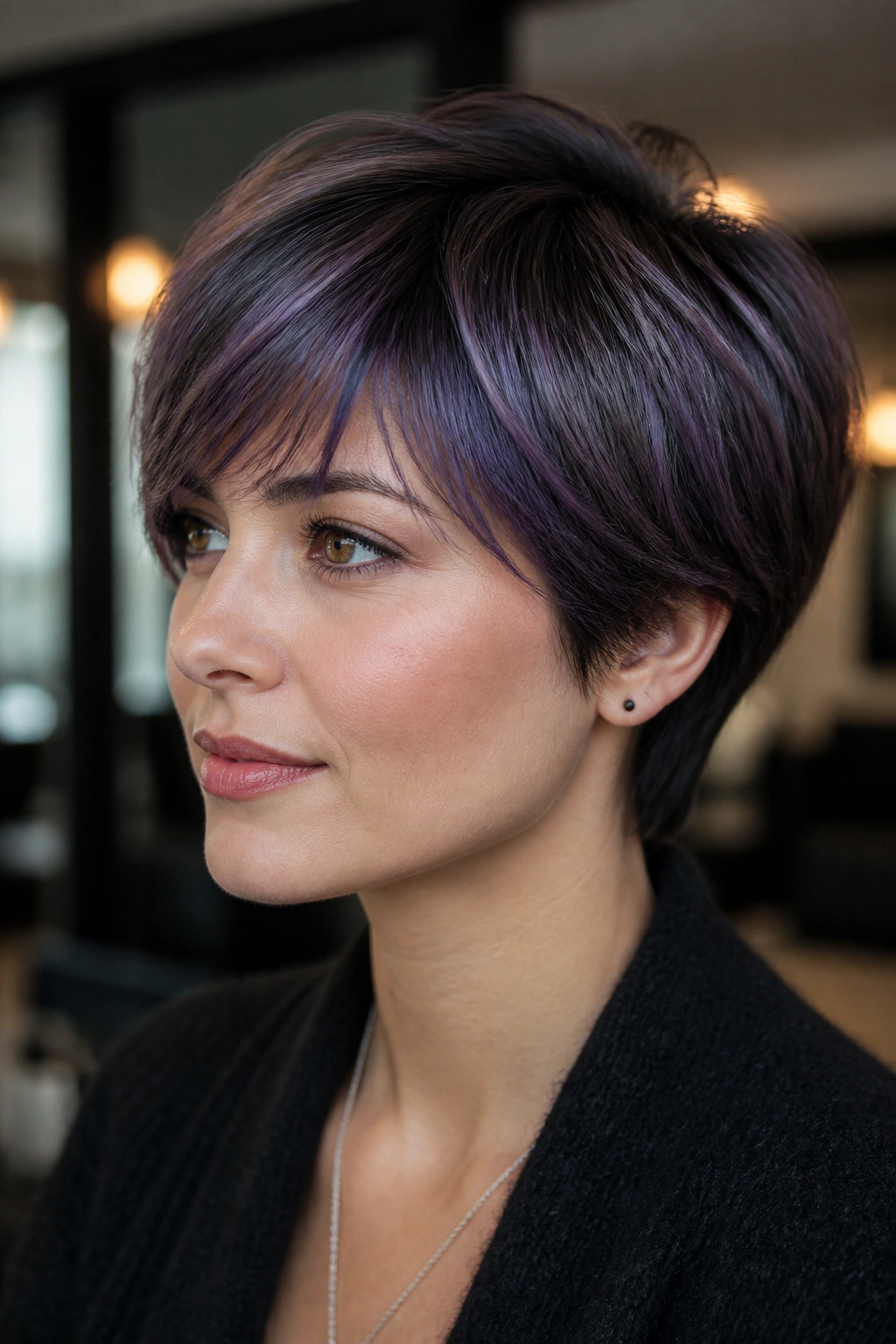 Close-up of a real person with short hair showing dusty iris purple-blue highlights at fringe and crown.