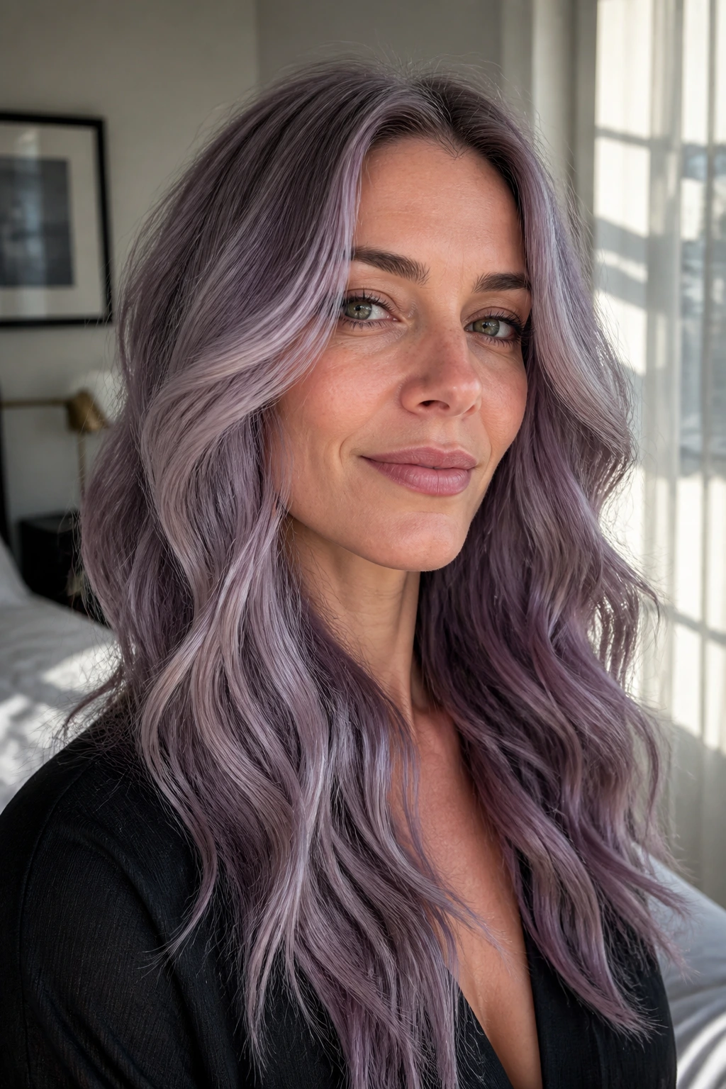 Close-up portrait of a real woman with dusty iris waves in lavender-gray hair, cool skin tone.