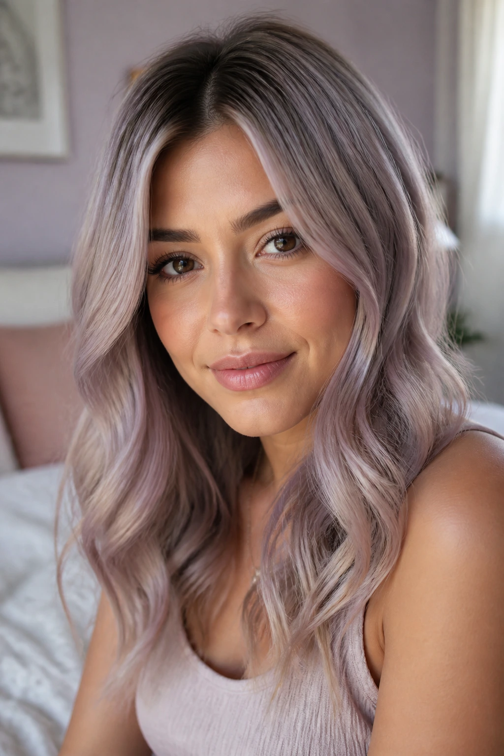 Close-up of a real woman with lavender-tinted ash blonde in soft waves.