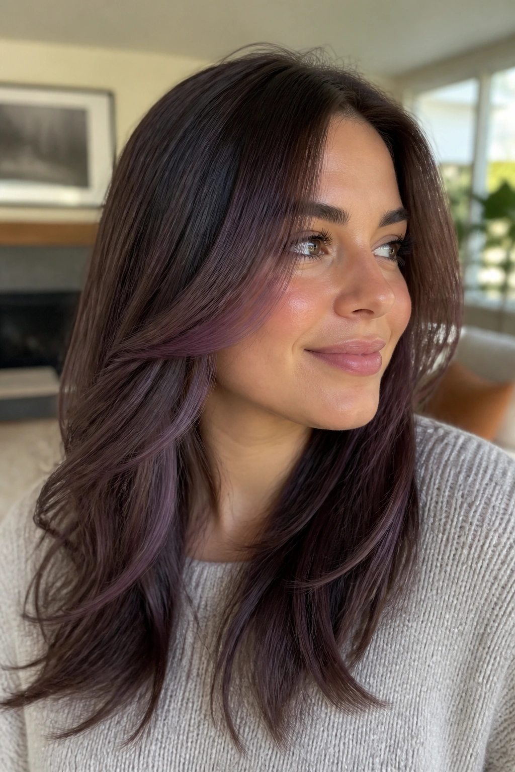 Close-up portrait of brunette hair with dusty lavender gloss over the surface