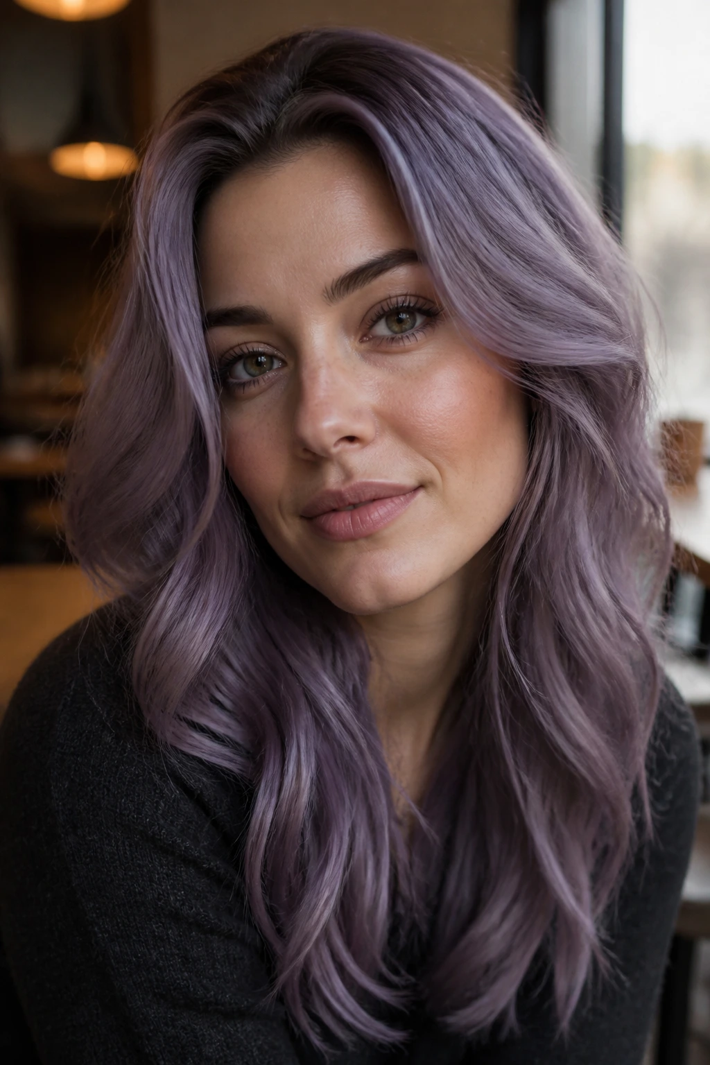 Close-up of a real woman with dusty lavender hair in a cozy indoor setting.