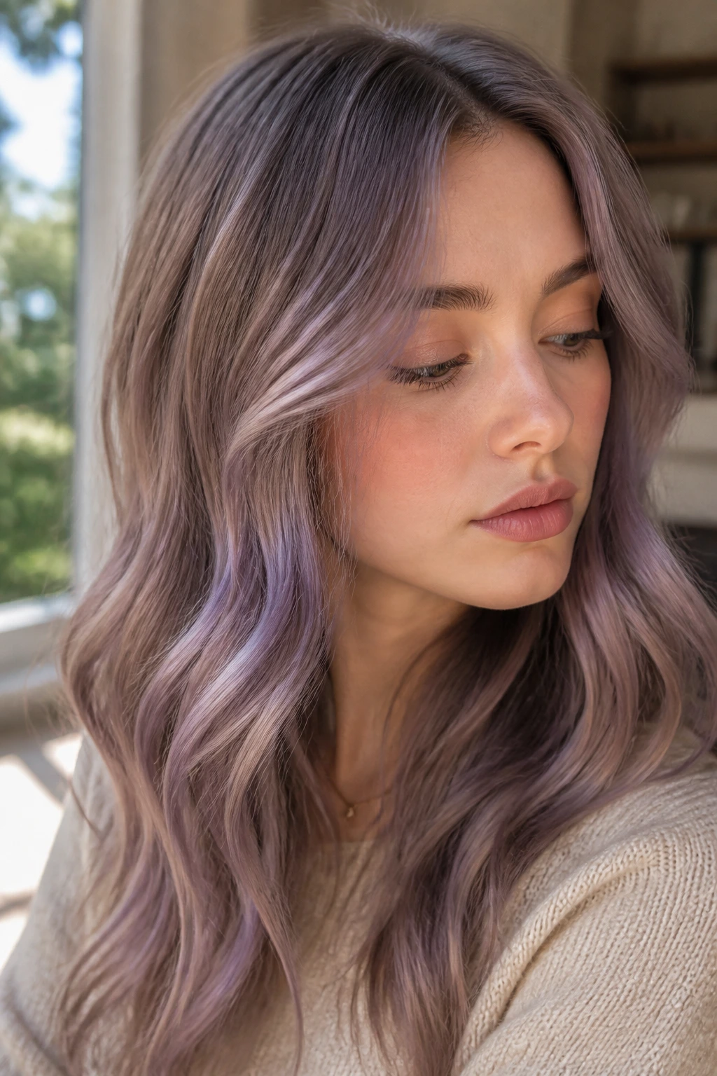 Close-up of lighter brown hair with dusty lavender haze in natural light