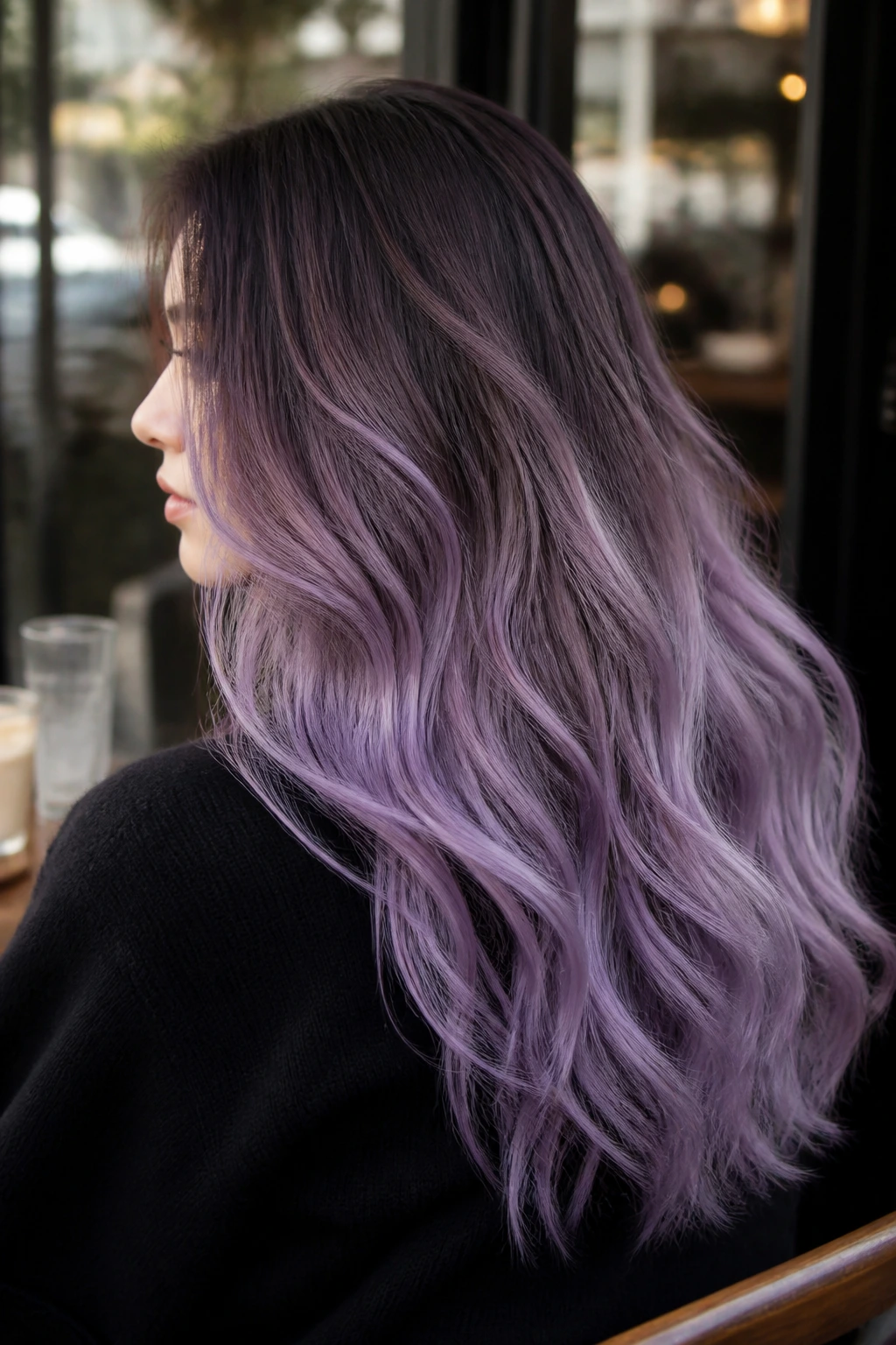 Long wavy hair with dusty lavender ombré fading from root to ends, in natural light.
