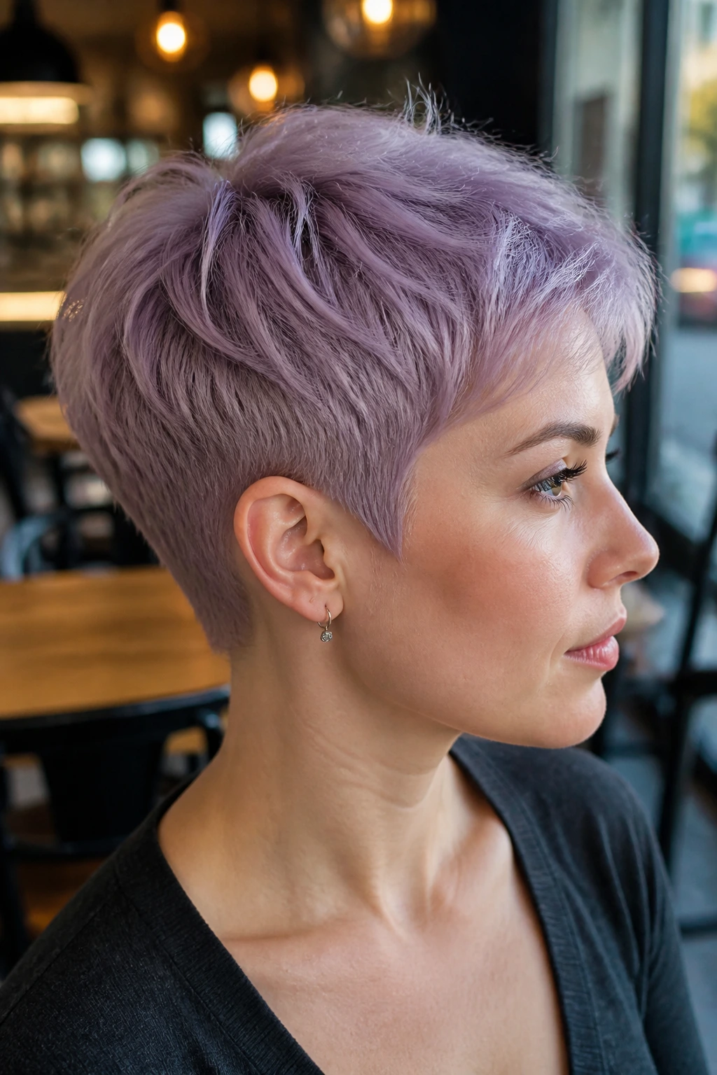 Real person with dusty lavender pixie and soft taper in cafe setting