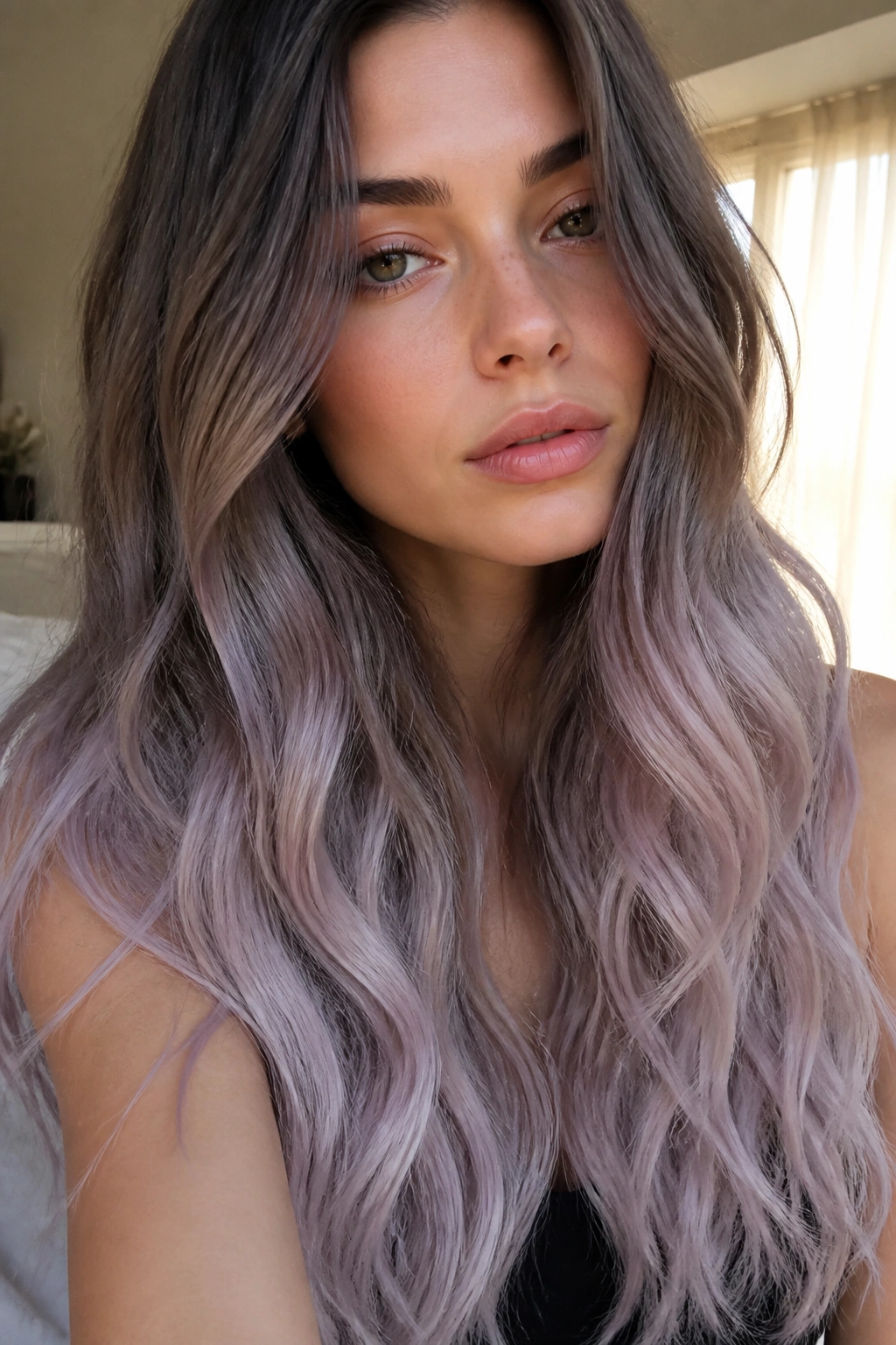 Close-up portrait of a real woman with dusty lilac ash ombre on long wavy hair