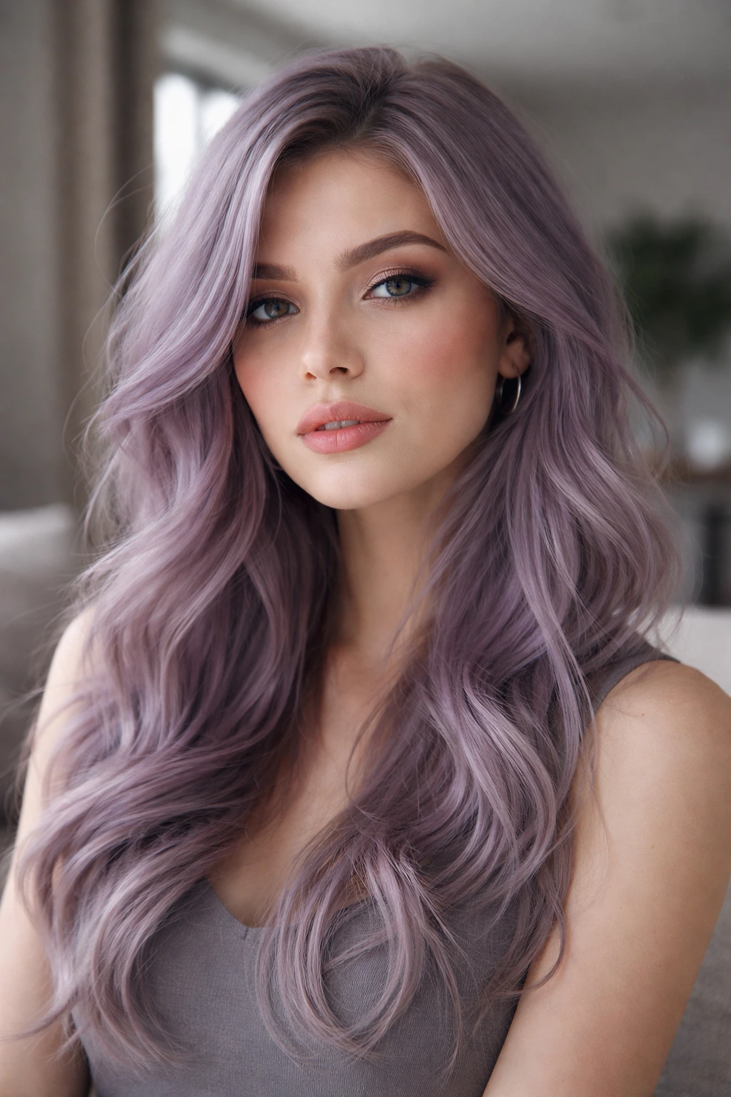 Close-up of a real person with dusty lilac hair in soft daylight.