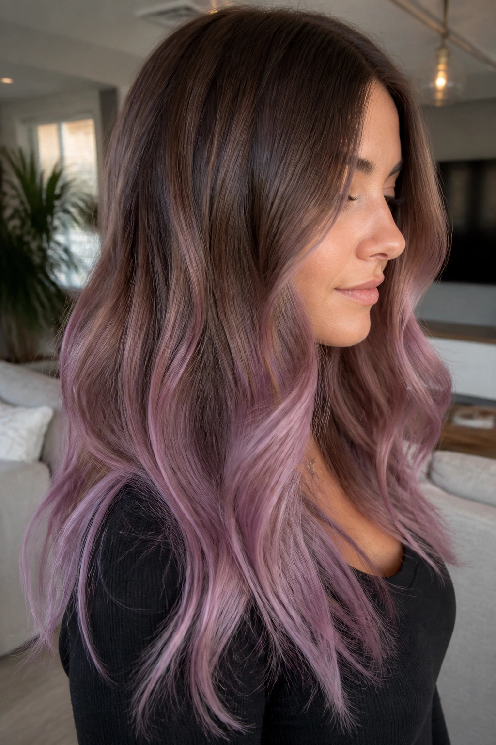 Dusty lilac melt from mid-lengths to ends on brown hair