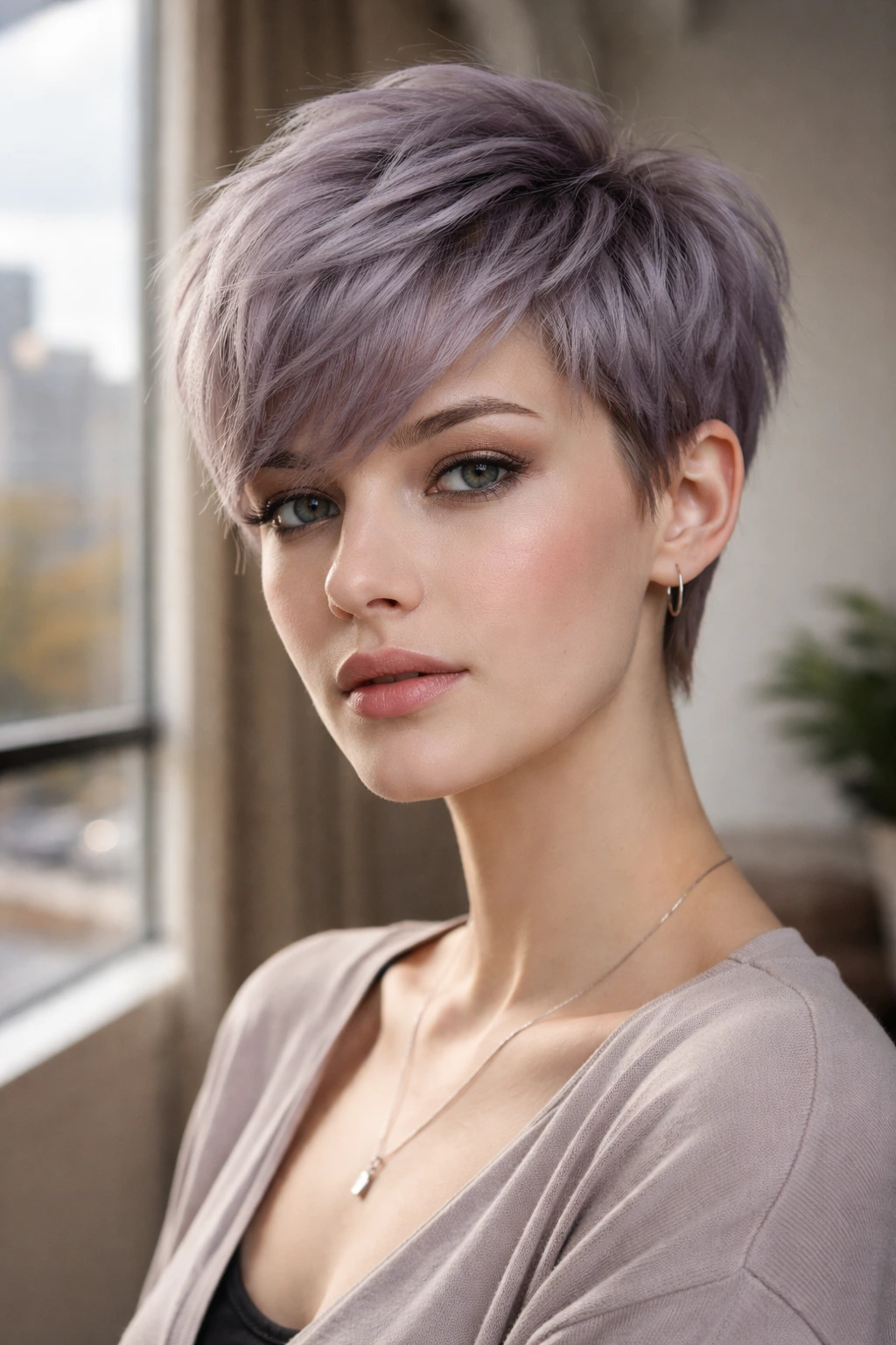 Close-up of a real woman with a dusty lilac pixie cut in a matte finish