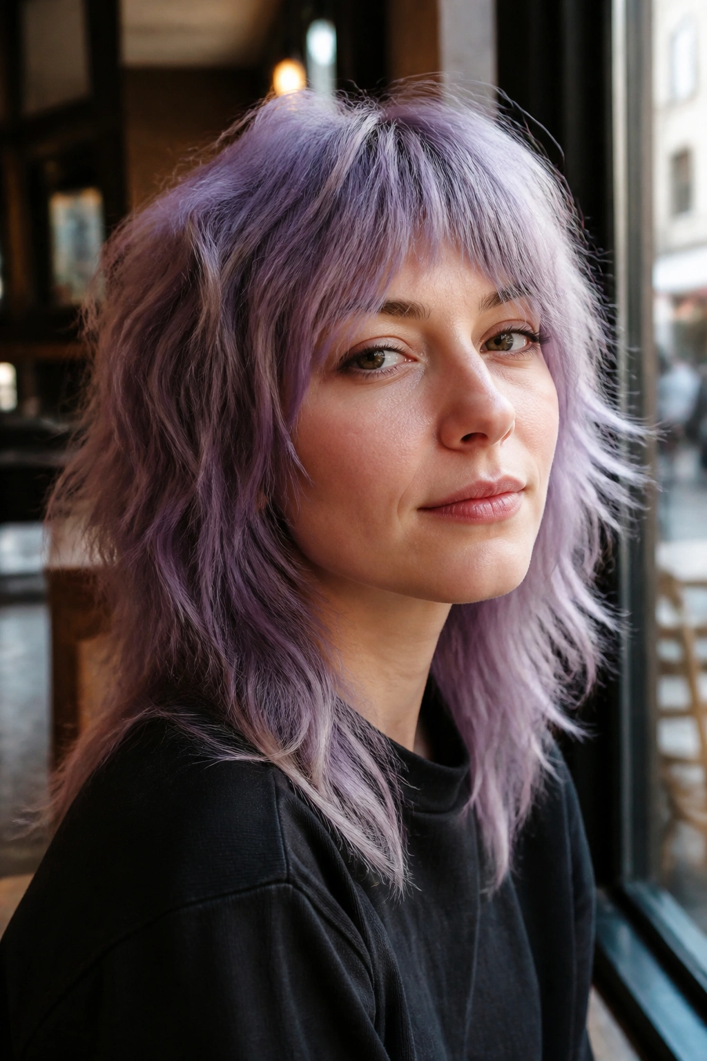 Close-up portrait of a woman with dusty lilac shag haircut