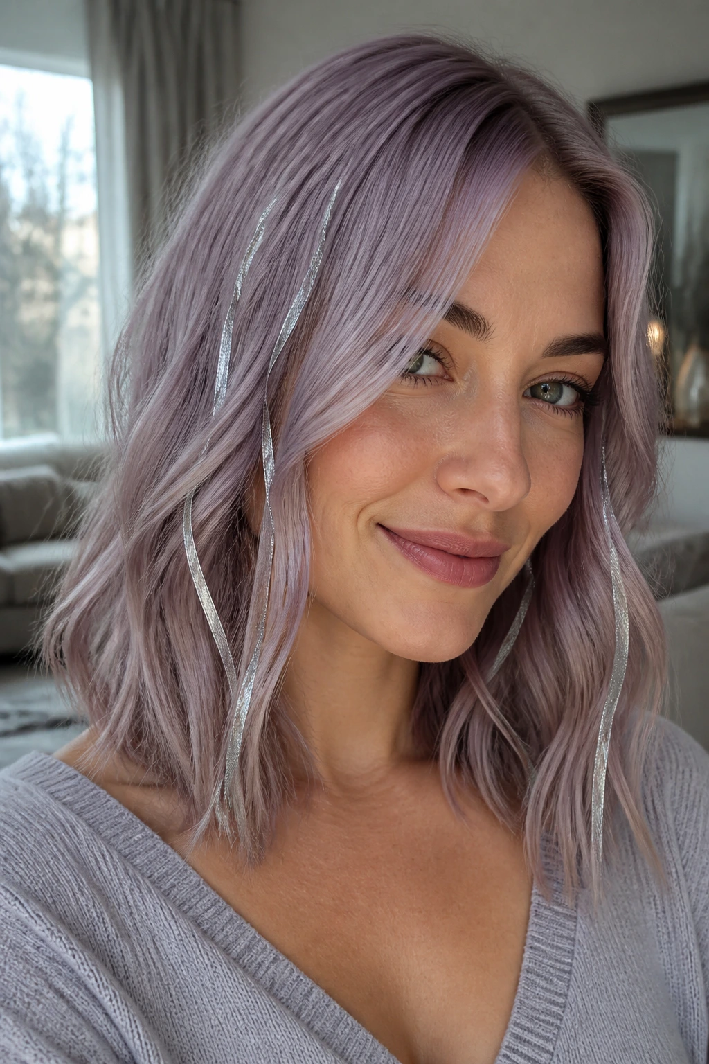 Portrait of a person with dusty lilac hair and silver ribbons